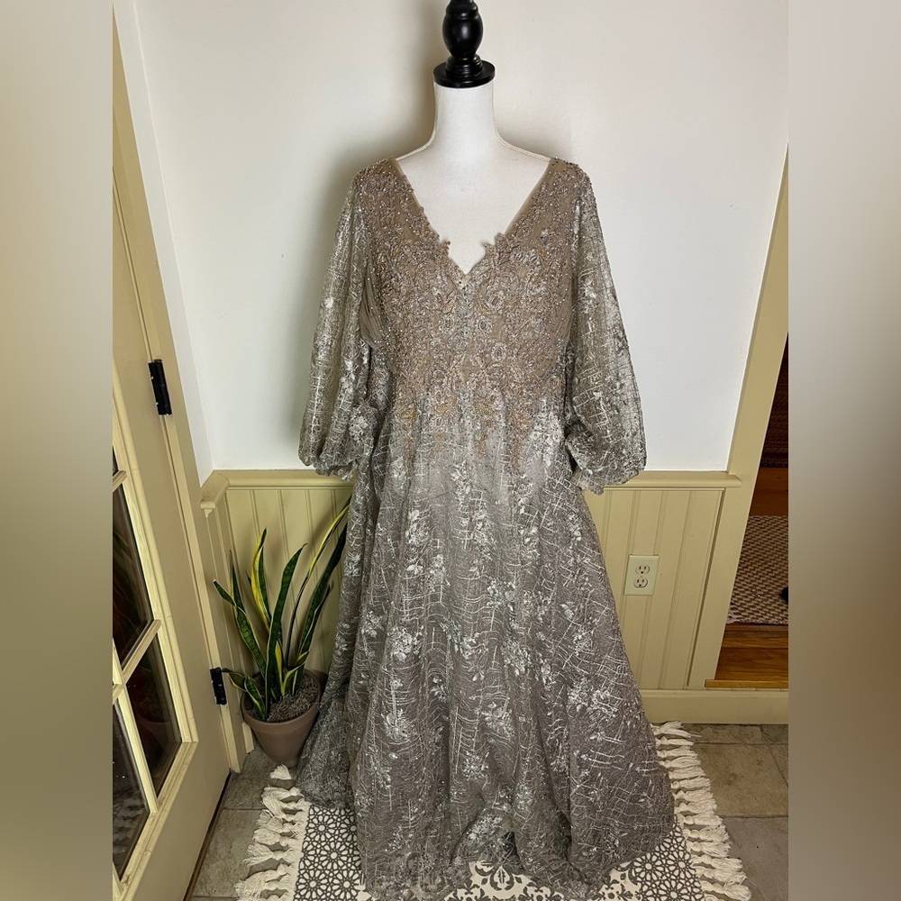 Mac Duggal NWT 20283D Embellished Lace Beaded Evening Gown 18 Silver Champagne - Picture 3 of 15